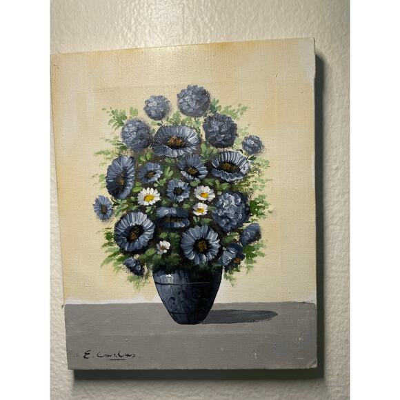 E. Carlos Signed Blue Flowers Painting - Picture 4 of 9